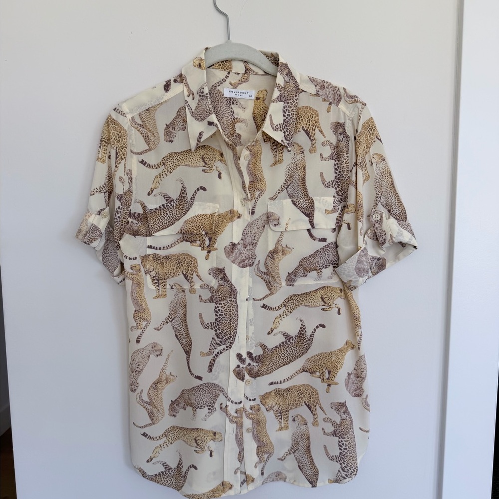 Equipment Short Sleeve Button-Down Shirt in Cream with Tan & Brown Leopard Print